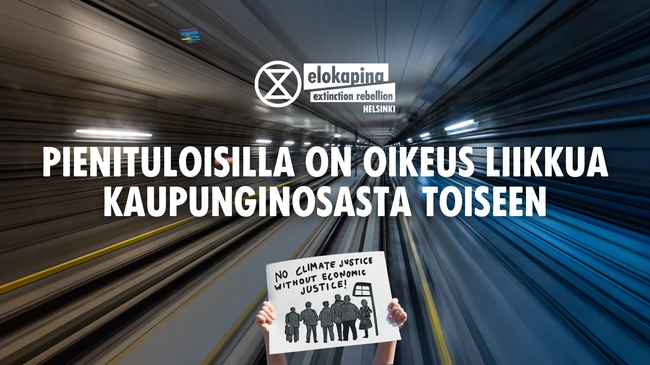 Kuva julkisesta liikenteestä, etualalla mielenosoituskyltti: "No climate justice without economic justice"