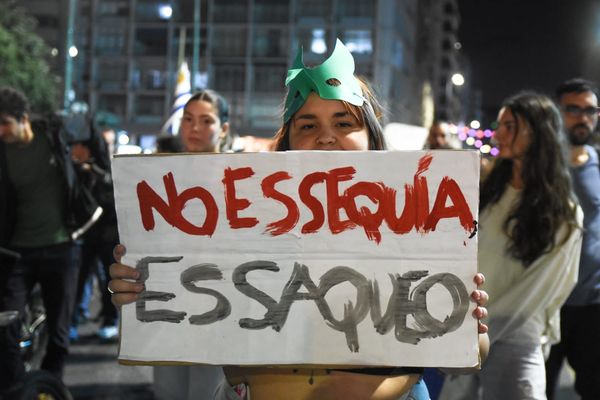Mielenosoittaja pahvisen kyltin kansa. Kyltissä teksti: No es sequía, es saqueo.