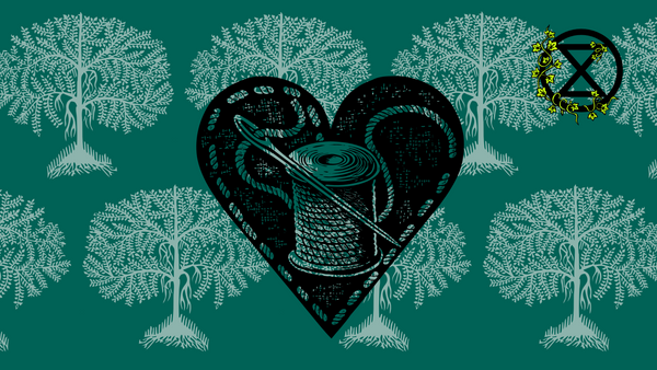 Kuvassa puita, sydän, lankarulla ja neula sekä Elokapinan logo.